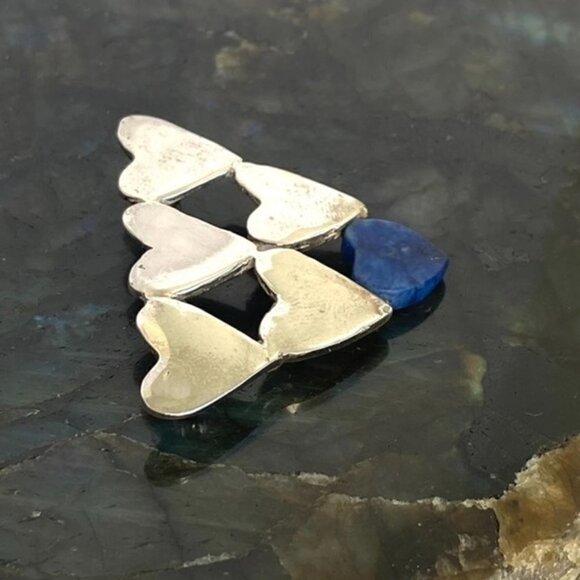 Vintage Sterling Silver 925 1.5" Stacked Hearts Blue Lapis Brooch - Picture 3 of 16